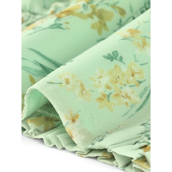 Floral Flare Short Sleeve V Neck Summer Smocked Crop Tops Green - Picture 5 of 6